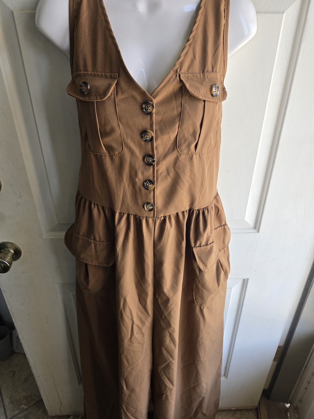 Women's Brown Wide Leg Jumpsuit with Button Front Detail